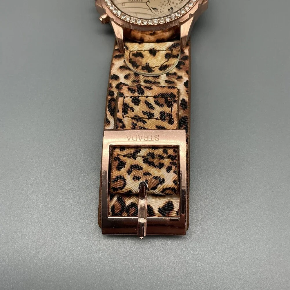 Strada Womens Watch 45mm Rose Gold Tone Cheetah Dial Leopard Strap New Battery